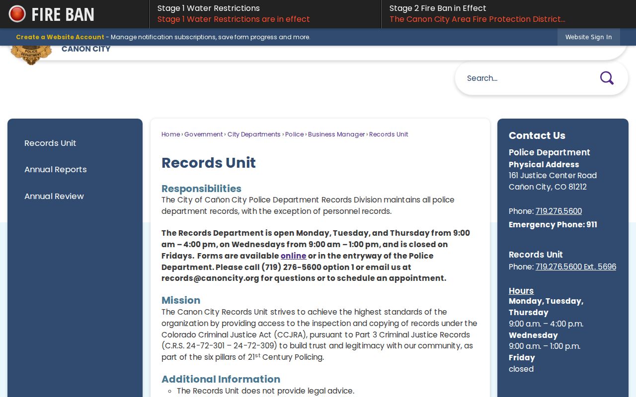 Cañon City police criminal records unit page