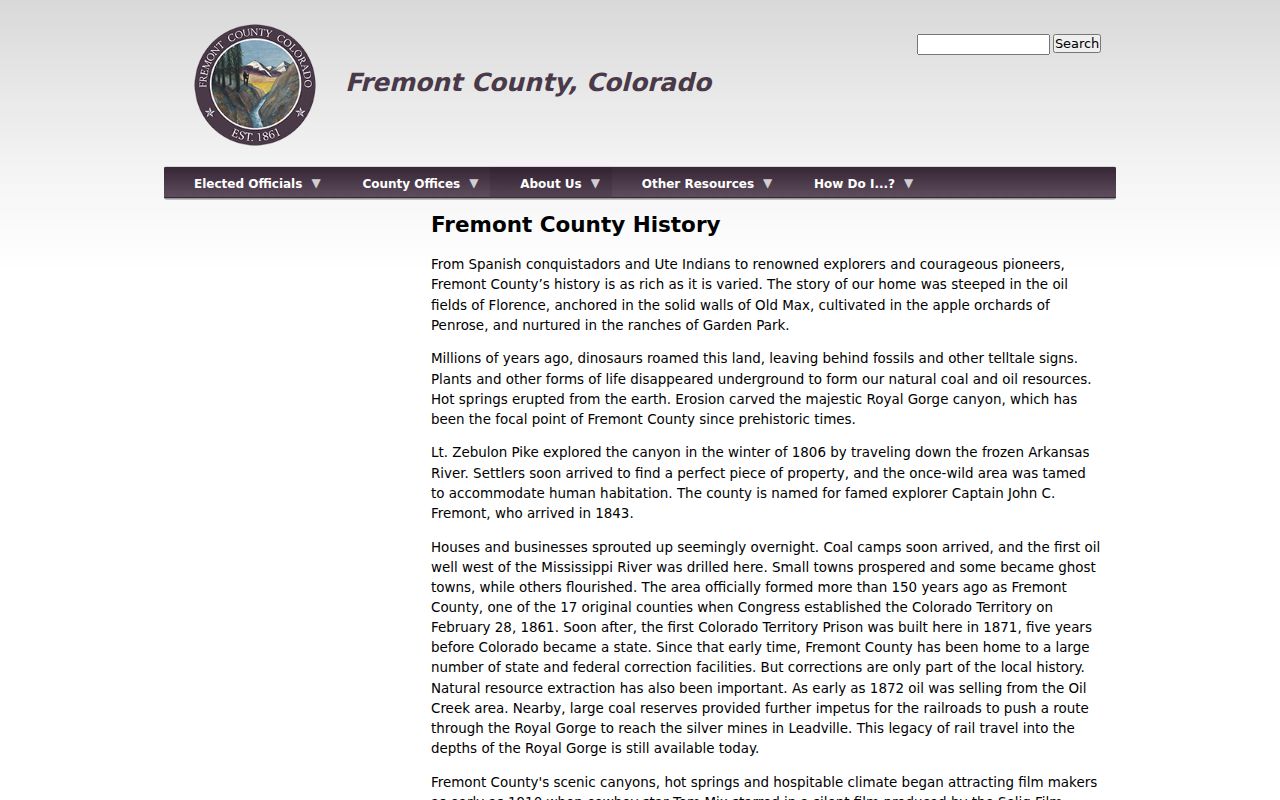 Official Fremont County history page describing early corrections history