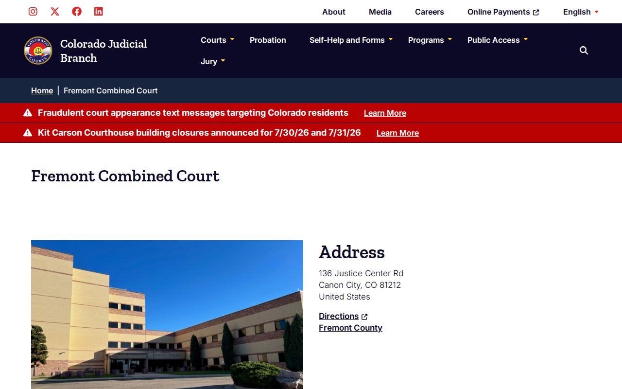 Fremont Combined Court official location and services page