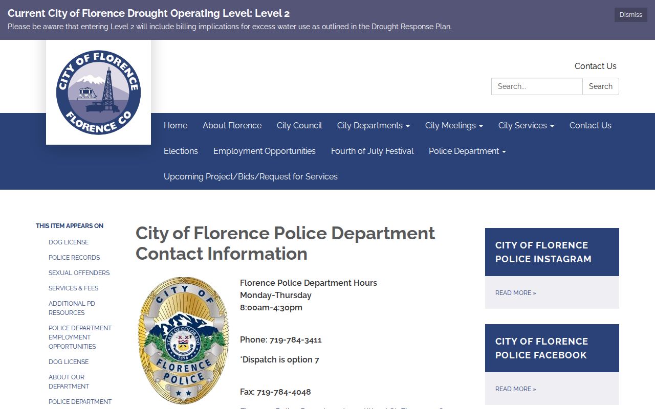 Florence Police Department criminal records contact page
