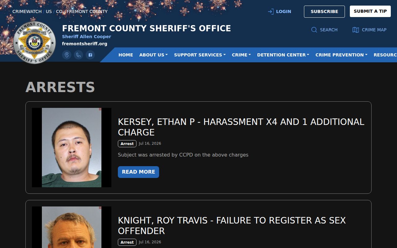 Fremont County arrest lookup jail intakes