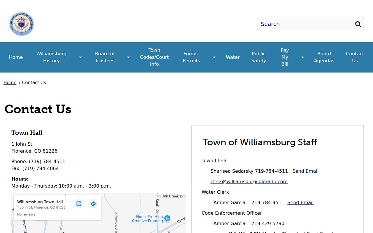 Williamsburg Town Hall criminal records contact page